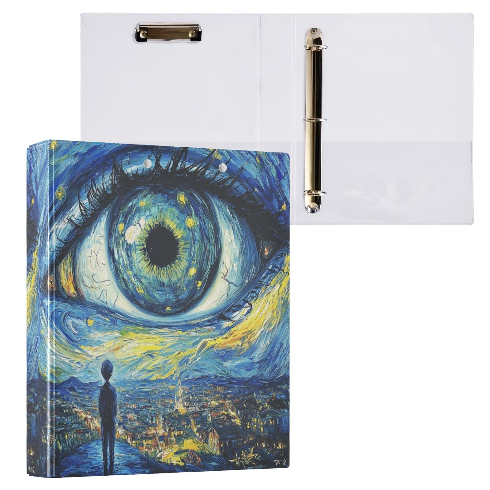 Confezione da 2 raccoglitori ad anelli con 3 anelli, motivo notte stellata, blu, con tasche, grandi, per scuola, università, ufficio