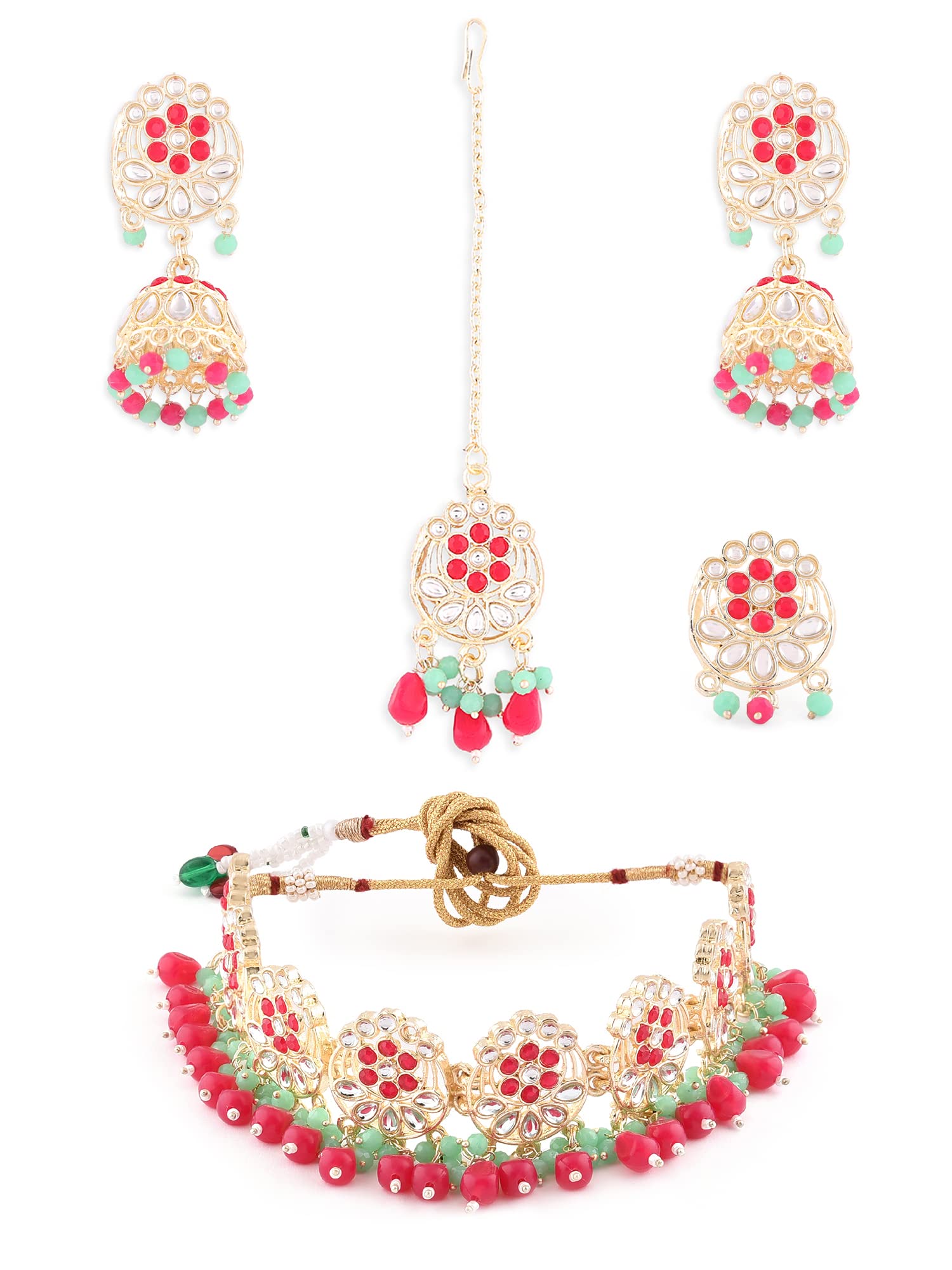 ZAVERI PEARLS Pink & Green Ethnic Kundan Choker Necklace Earring Maangtikka & Ring Set For Women-ZPFK14391 (B0B6RLNNDP) Amazon Price History, Amazon Price Tracker