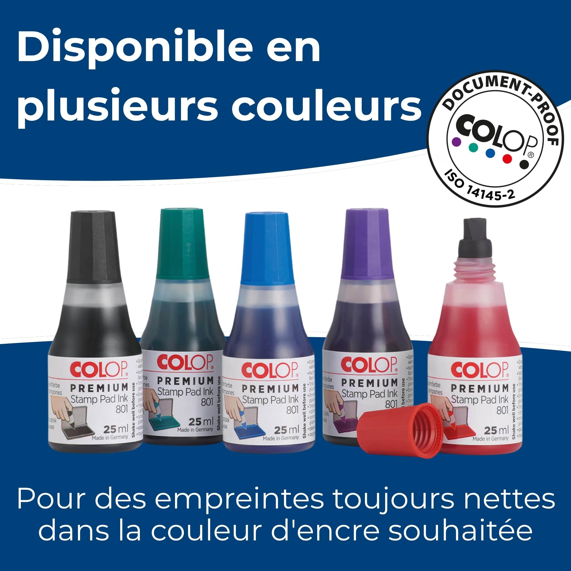 Encre de recharge COLOP 801 | Noir | 25 ml | Indélébile | Encre à base d'eau pour tampons en feutre et mousse. Testée dermatologiquement, avec buse d'application incluse.