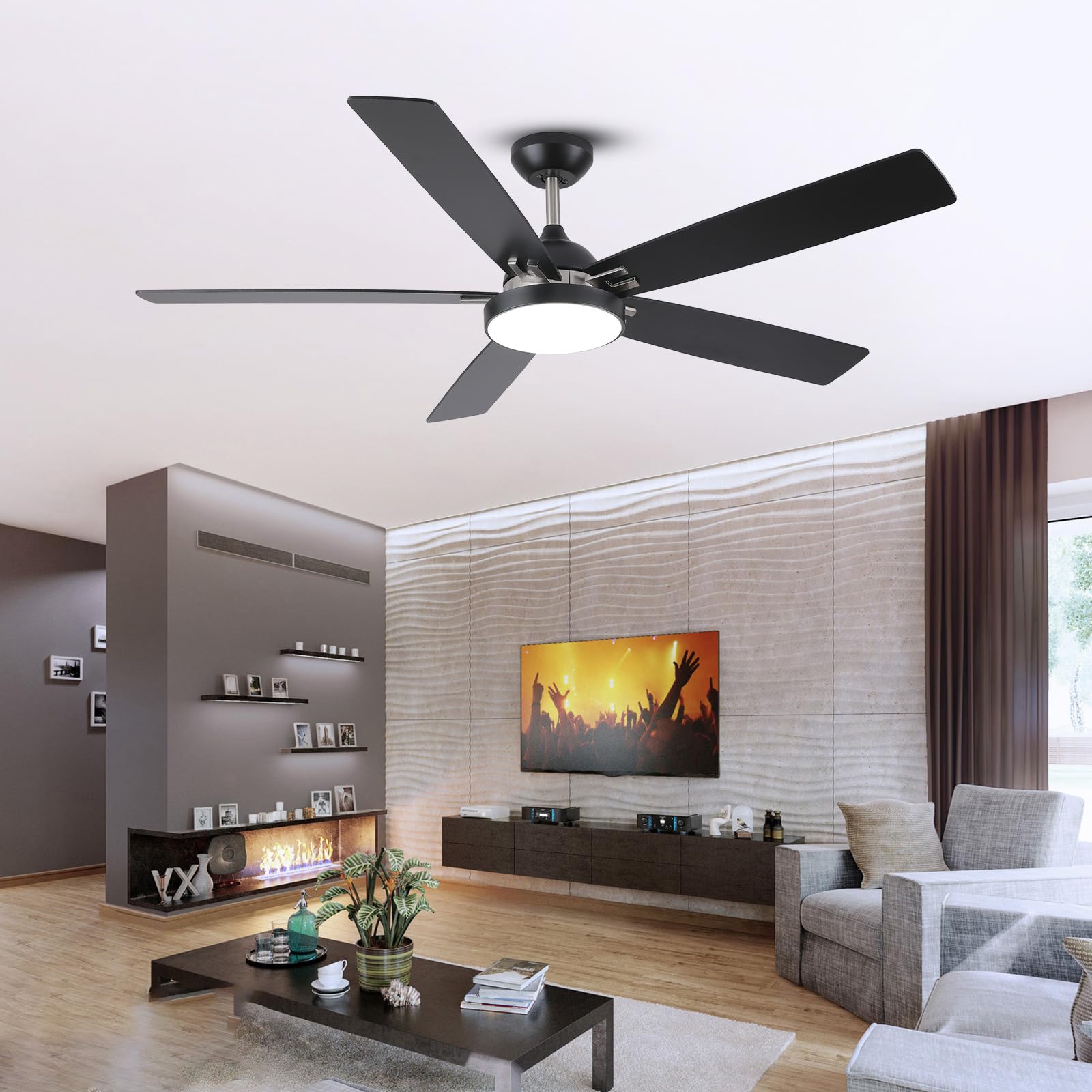 NWIASS60 Inch Ceiling Fan with Lights, Large Outdoor Damp Rated Ceiling Fans, 5 Blades Modern Ceiling Fan Noiseless Reversible DC Motor, Black Ceiling Fan for Farmhous Living Room Patio Bedroom