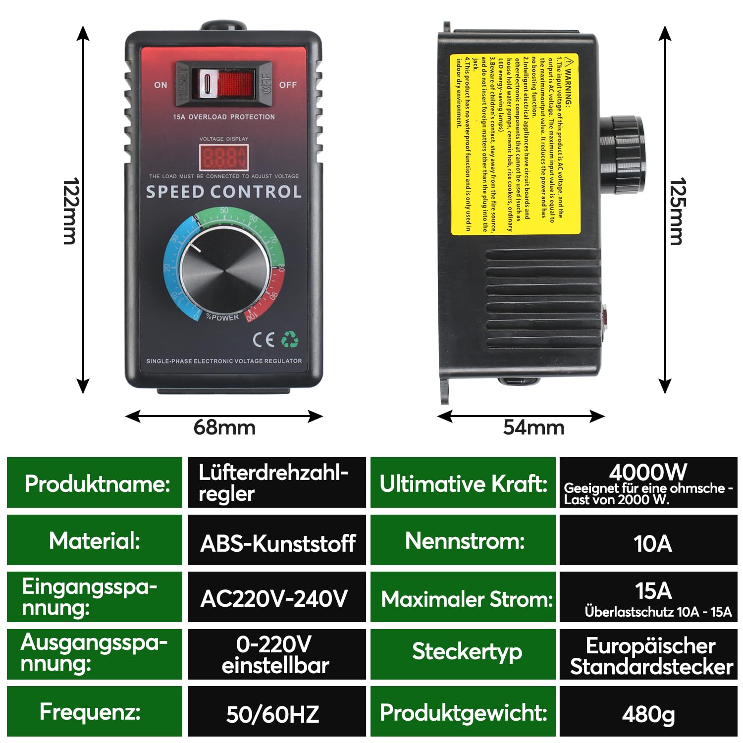 Drehzahlregler 230V Motor, Spannungsregler 15A Überlastschutz, Spitzenleistung 4000W, Frequenzumrichter Drehzahlregler für Winkelschleifer, Bläser, Handbohrer, Kreissägen, EU-Stecker