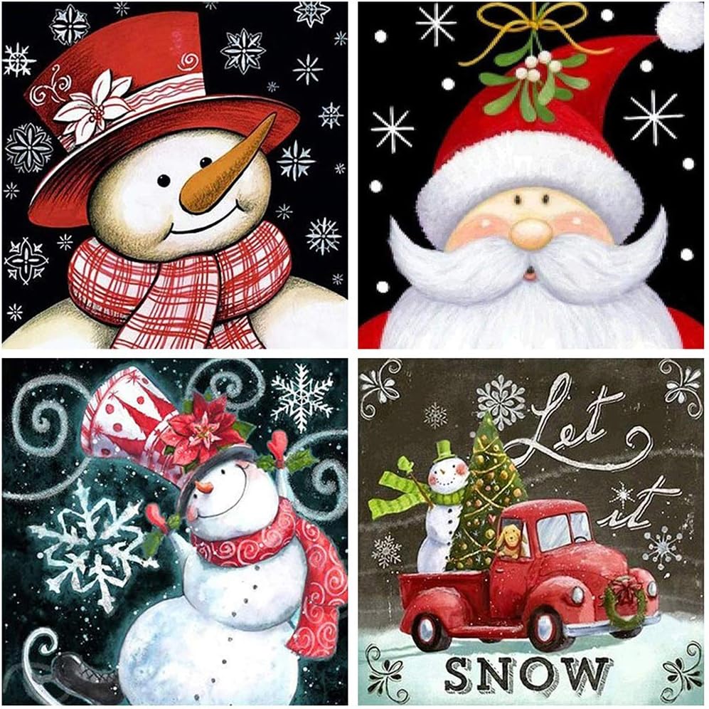Petift 4 Pack 5D Christmas Diamond Full Drill Rhinestone Painting by Number Kits for Adult Kid,Cross Stitch Sticker Arts Craft for Home Wall Decor,Christmas Tree,Xmas Snowman Car(11.8 x 11.8 inch)
