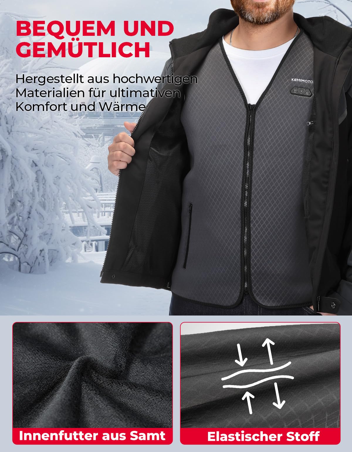 KEMIMOTO Beheizbare Weste Herren, Beheizte Weste mit 6 Heizzonen, 3 Einstellbare Wärmestufe, USB Eletriksche Heizweste für Skifahren, Angeln, Motorrad, Camping, Outdoor Ativitäten