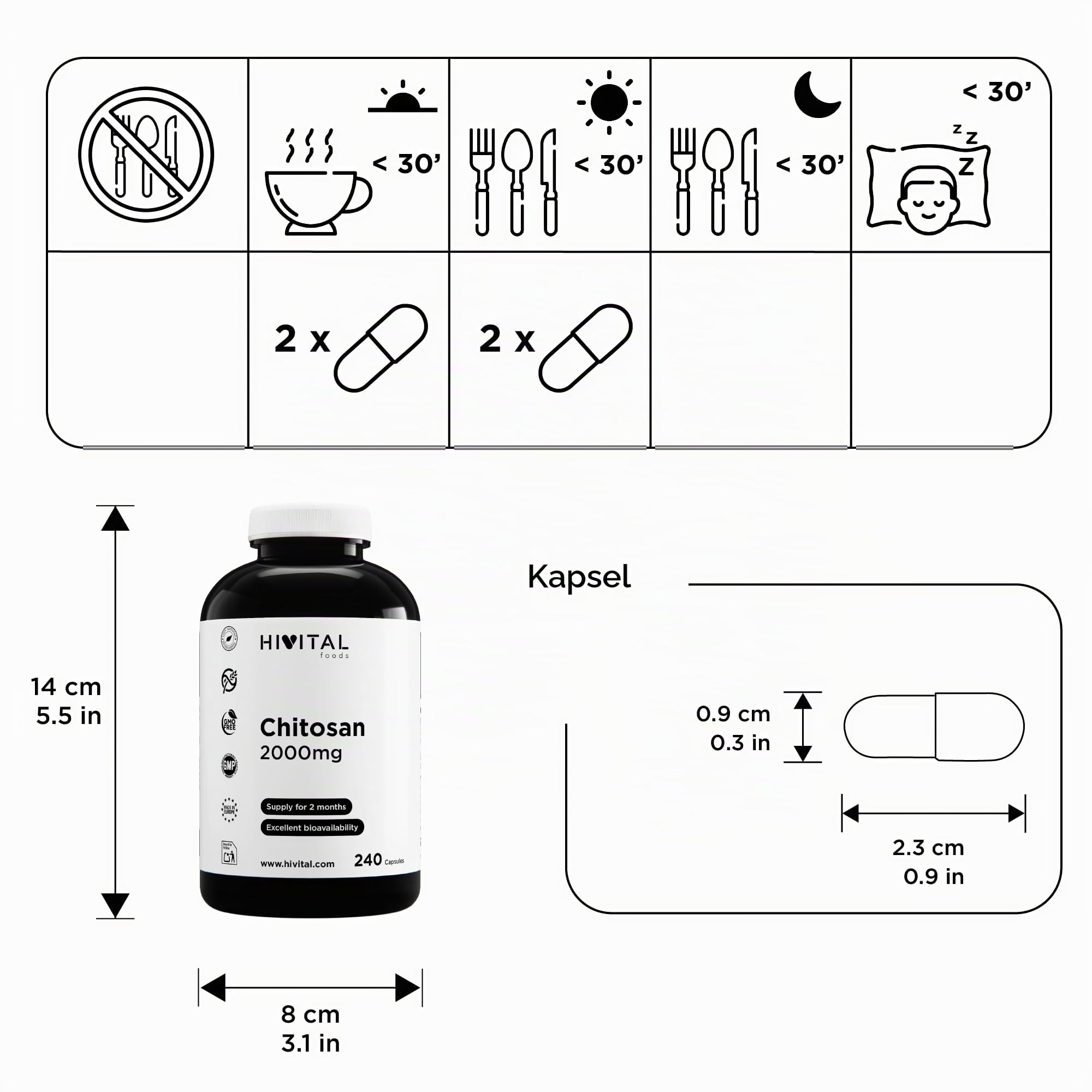 Marine Chitosan 2000 mg. 240 Kapseln für 2-monatige Behandlung. Natürliches Chitosan aus Chitin von Krustentieren. Natürlicher Ballaststoff. Hergestellt von HIVITAL