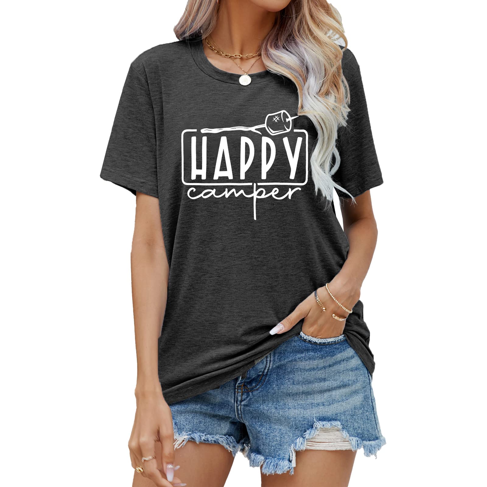 MEESHEEPHappy Camper Shirts Womens Marshmallow Graphic Shirts Camping Casual Summer Tee Tops