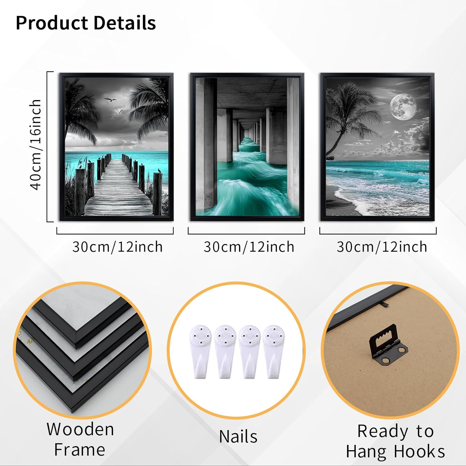 Kalormore Framed Black Teal Beach Canvas Wall Art Black and White Hawaii Beach Pictures Tropical Palm Tree Artwork Easy to Hang - Image 3