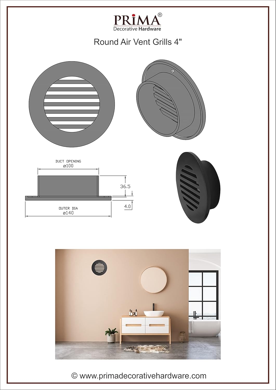 Prima Decorative Round Air Vent Duct Grille 4" (White)