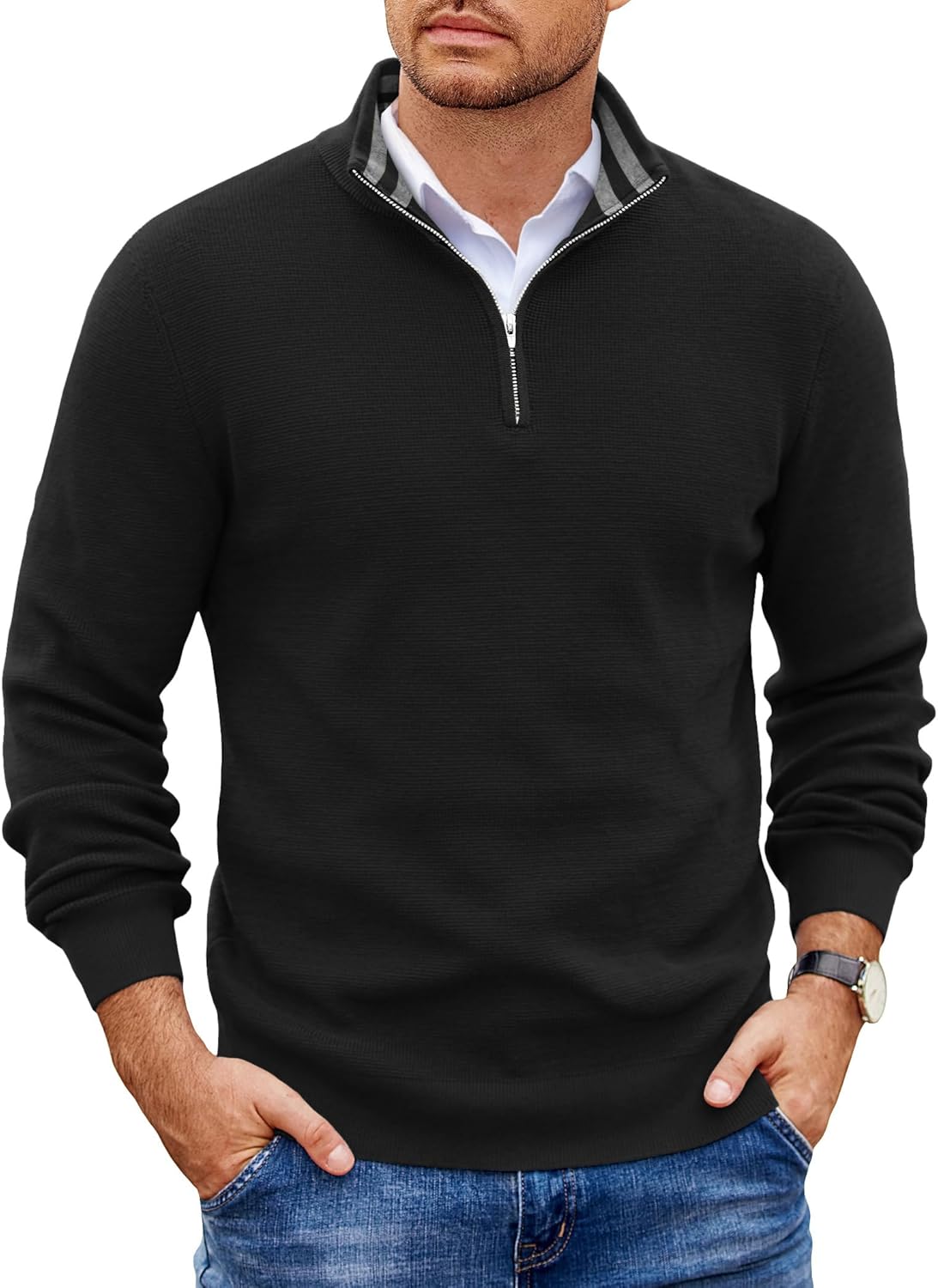 COOFANDY Mens Quarter Zip Pullover Slim Fit Lightweight Sweater Casual Mock Neck Knit Polo Sweater
