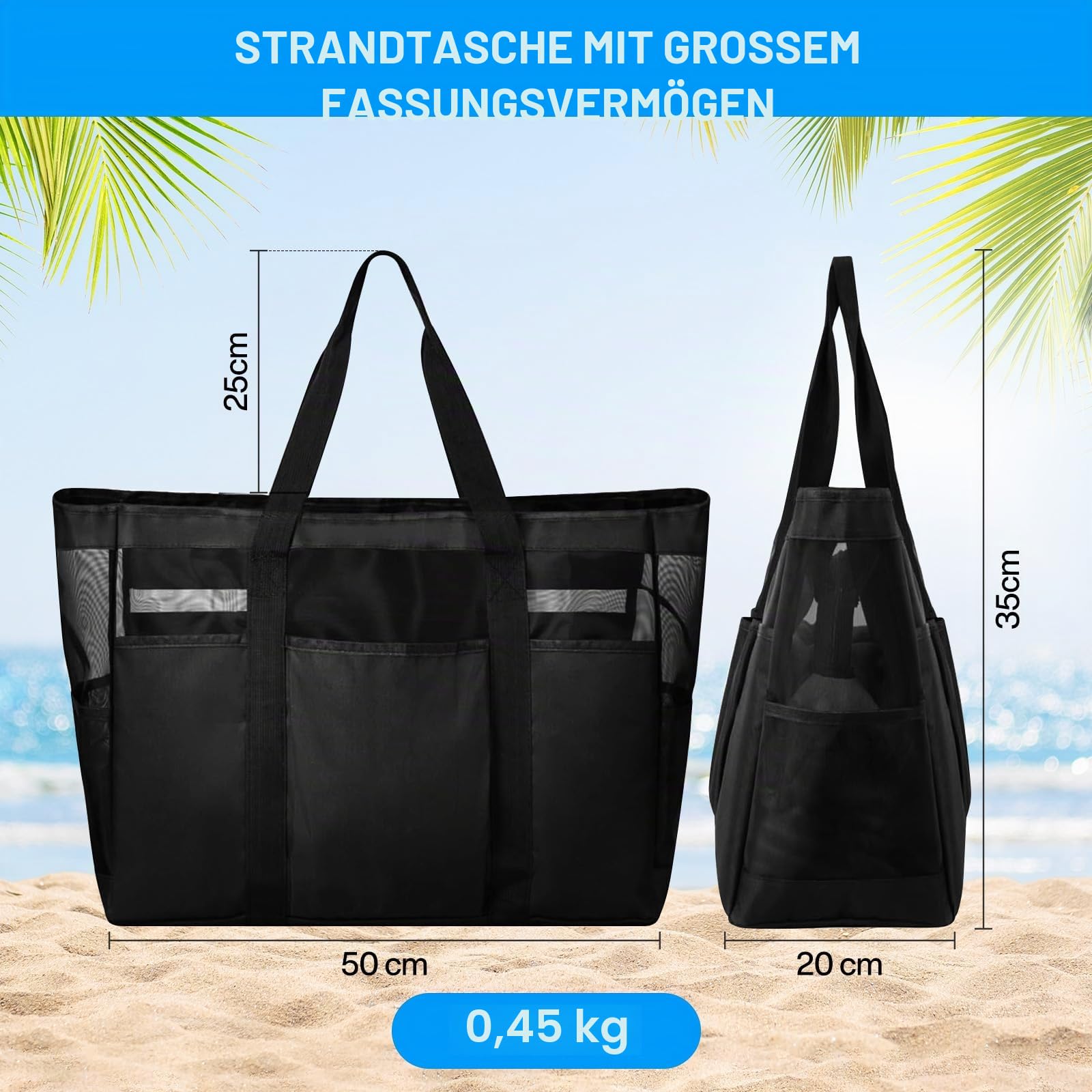 Strandtasche XXL Familie,Strandtasche Damen mit Reißverschluss,Strand Tasche Beach Bag Faltbare für Strand Pool Fitnessstudio Reisen,Vielseitiger - Schwarz