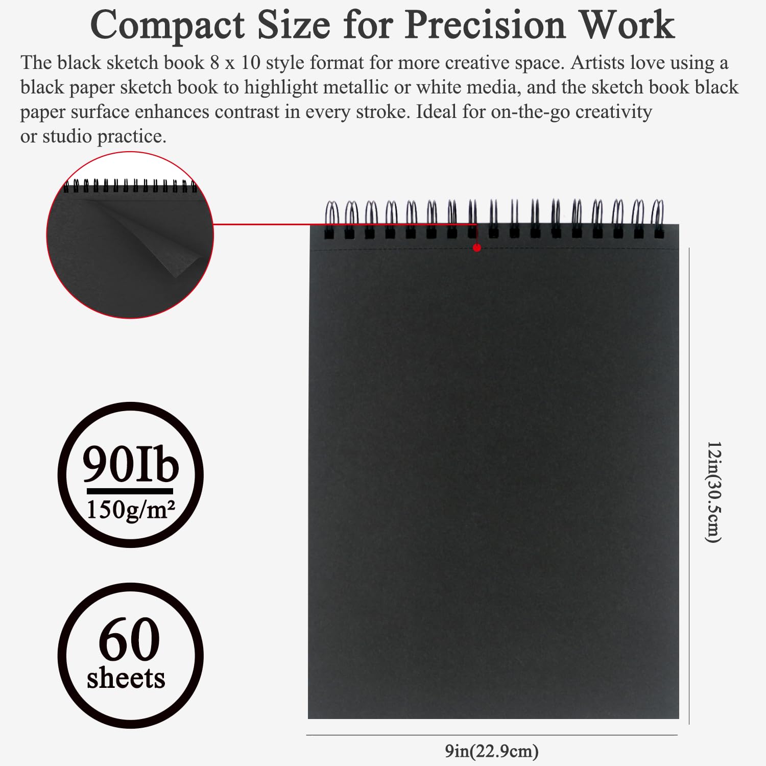 Fuxi Blocco da disegno in carta nera, 20,3 x 25,4 cm, 60 fogli (40,8 kg/150 g/m²), copertina rigida su entrambi i lati, rilegatura a spirale, forniture artistiche ideali per adolescenti, regali per