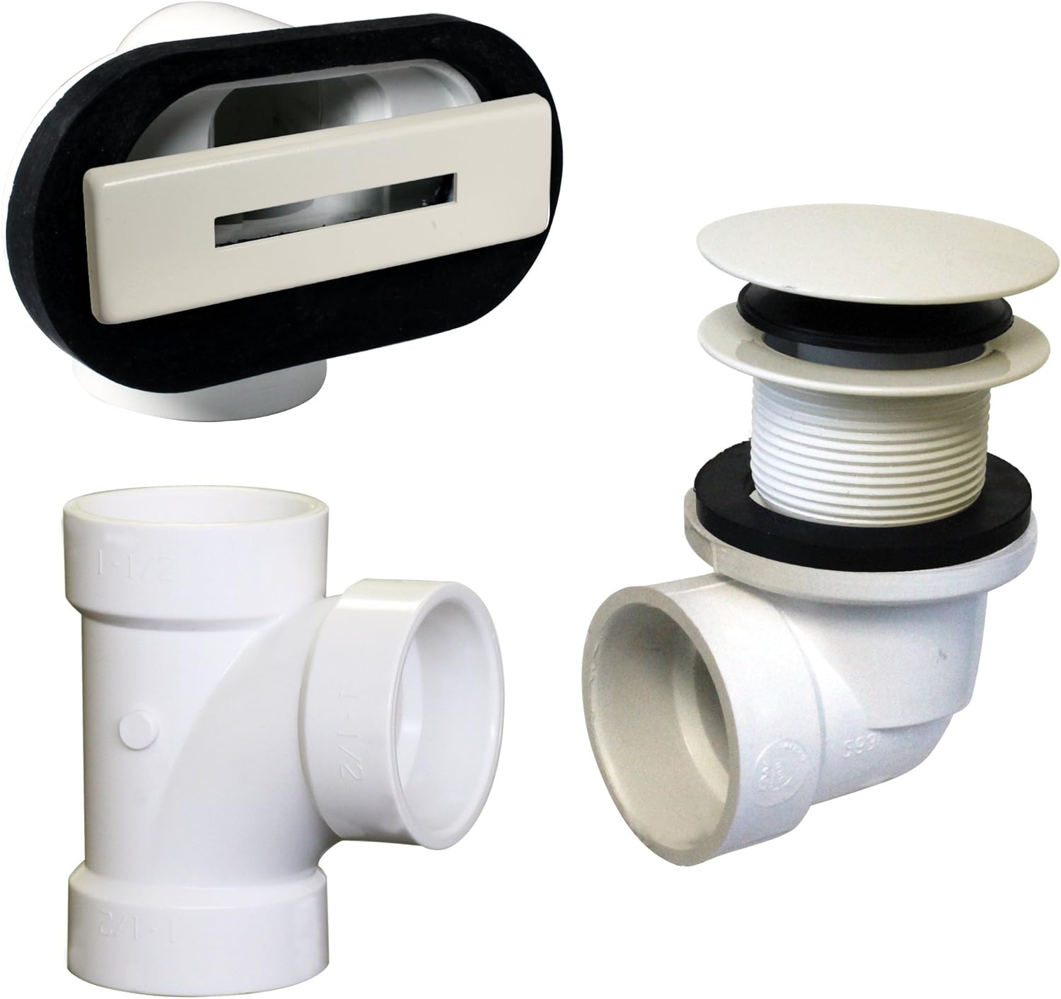 Westbrass D560RK-65 SCH. 40 PVC 1-1/2" Coarse Thread Plumber's Pack Tip-Toe Bathtub Drain Plug with Linear Overflow Faceplate, Tee & Elbows, Powder Coat Biscuit