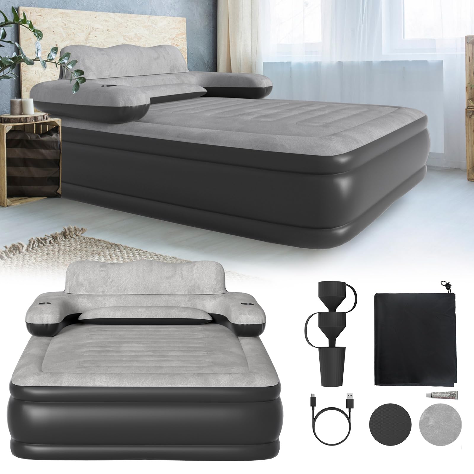 LZQ Aufblasbare Matratze für 2 Personen mit Rückenlehne Luftbett Selbstaufblasend Luftmatratze mit Elektrischer pumpe Aufblasbar Doppelbett für Zuhause Camping Gäste