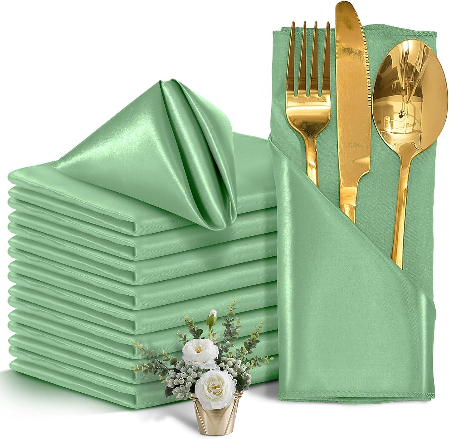 Eychei 12 Pieces Sage Green Satin Napkins, 17" x 17" Square