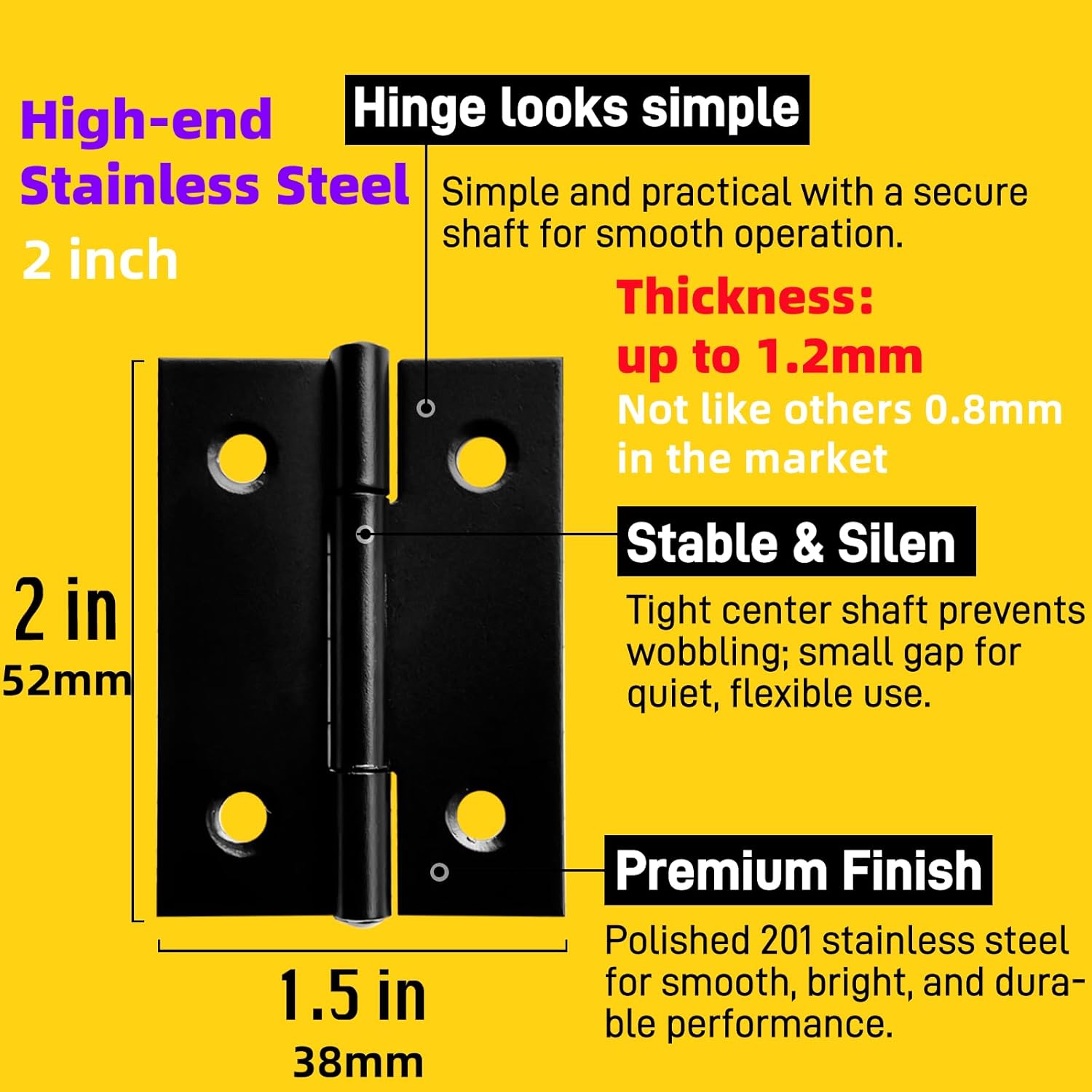 6PCS 2 inch Hinges, Butt Door Hinges Cabinet Hinges 1.2mm (0.047") Thick Stainless Steel Black Coated Finish, Small Hinges with 24 Screws for Wood/Jewelry Boxes Indoor/Outdoor