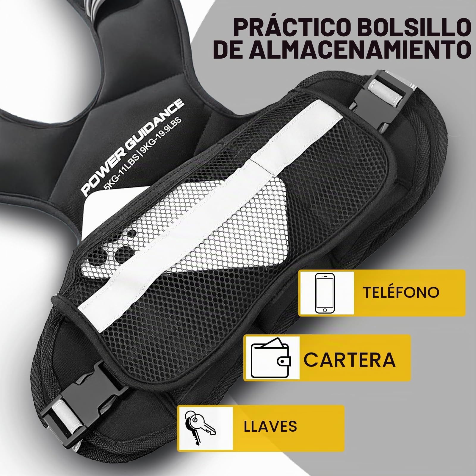 Chaleco Lastrado POWER GUIDANCE - Ajustable de 5 a 14,4 kg con Rayas Reflectantes | Ideal para Correr y Entrenamiento de Fuerza | Diseño Transpirable para Hombres y Mujeres