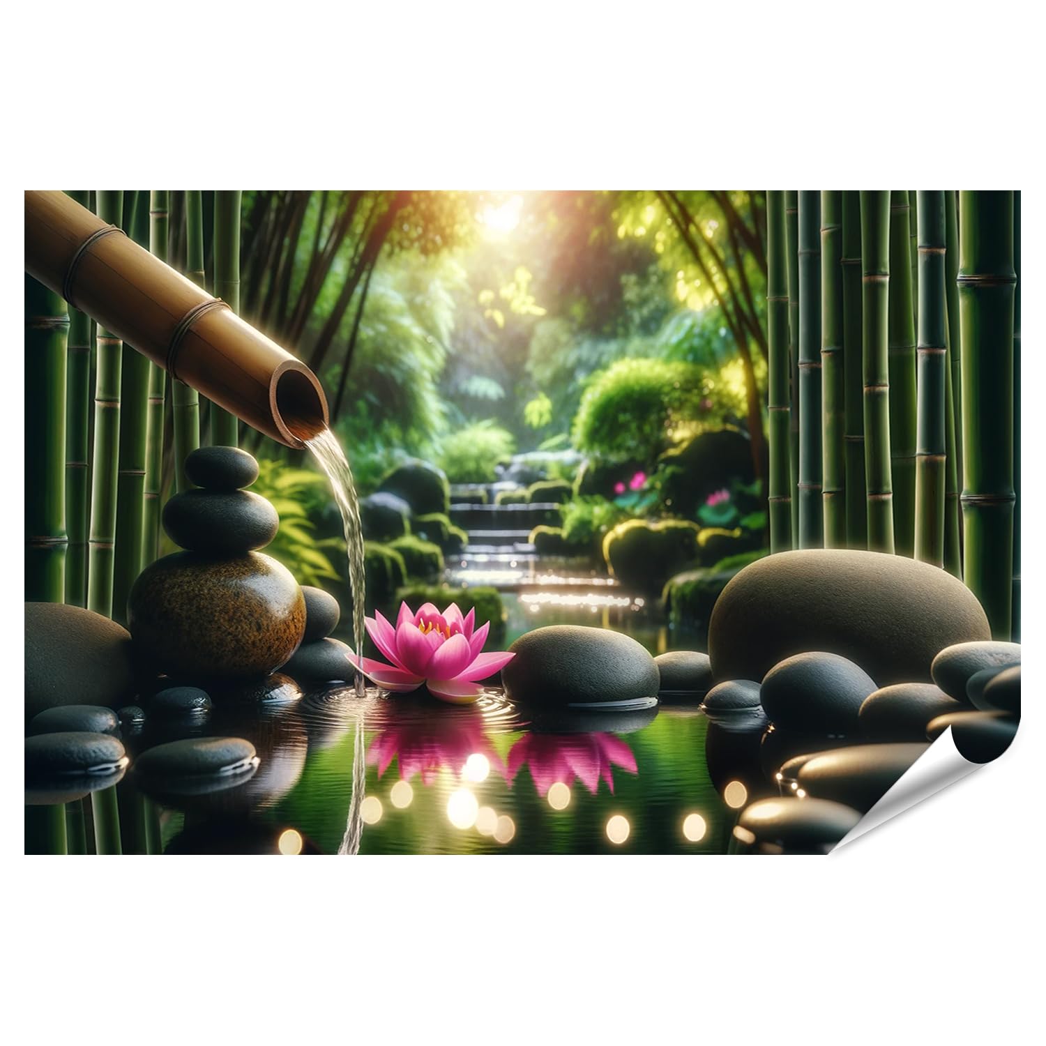 islandburner Prime XXL - Poster da giardino in bambù Zen con cascata e fiore di loto in primo piano, immagini di alta qualità