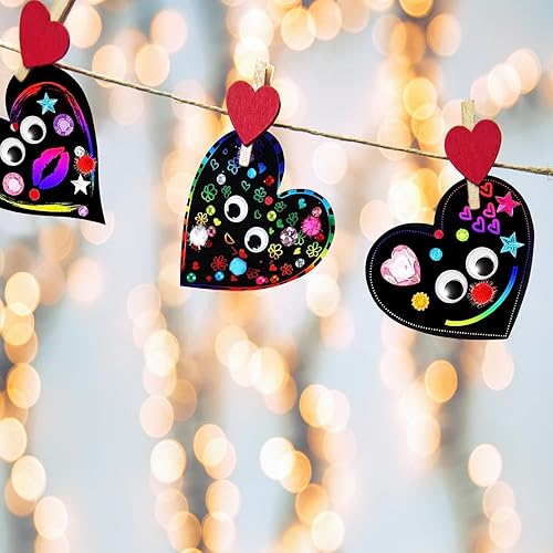 Miniatura 7 de JOFONY 42 piezas de arte mágico de San Valentín para arañar, forma de corazón de arco iris, ojos googly para niños, actividades de bricolaje,