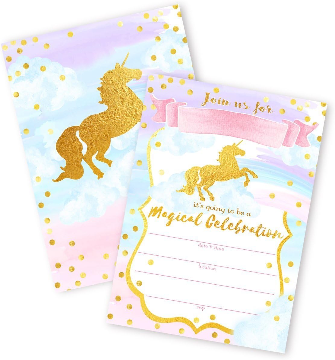 POP parties Magical Unicorn 12 Large Invitations - 12 Invitations + 12 Envelopes - Double Sided