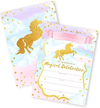 Magical Unicorn 12 LARGE Invitations - 12 Invitations + 12 Envelopes - DOUBLE SIDED