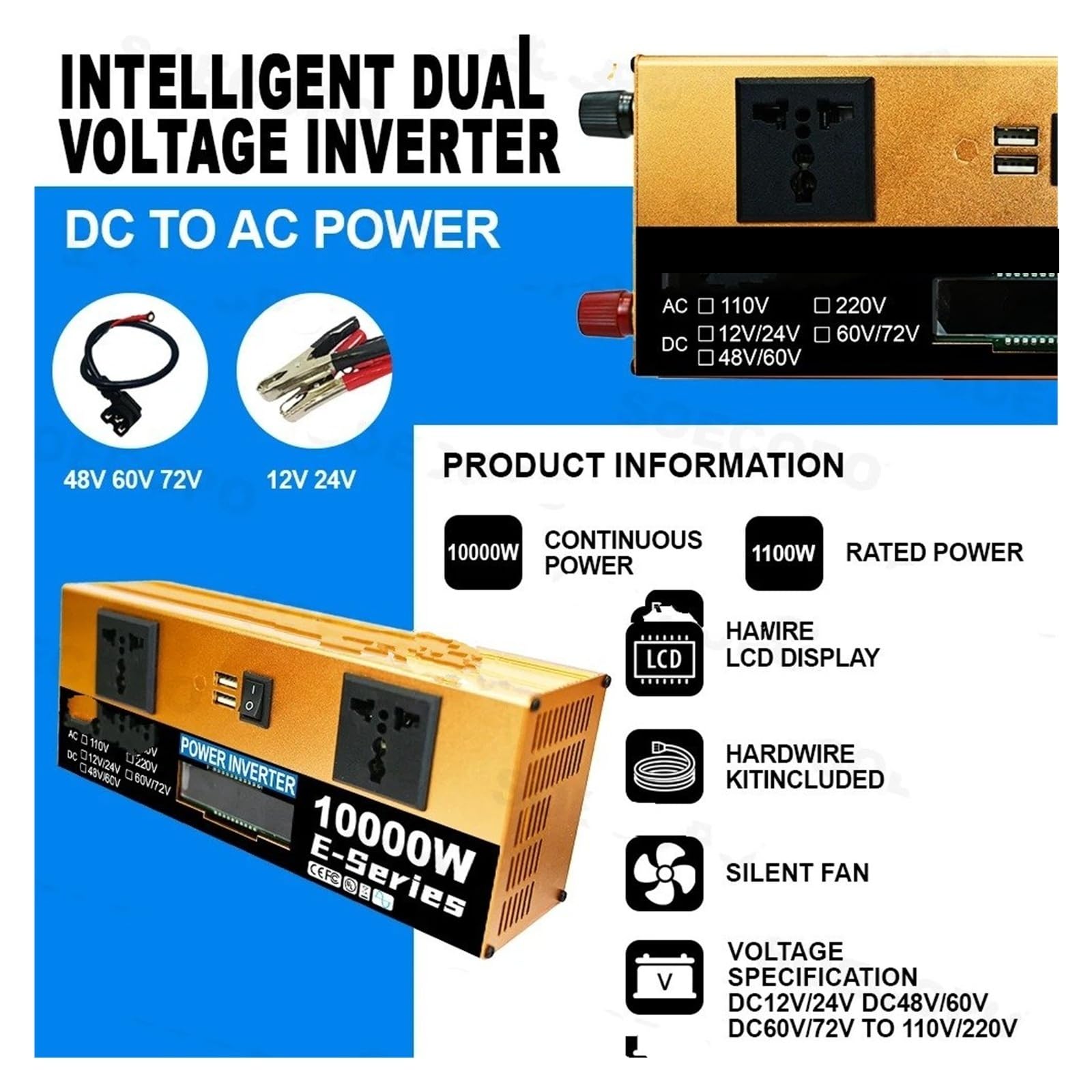 Converter Invertitore Kit Completo Solare 10000W Dual12V/24V 110V/220V100A Controller Pannello 800W Off-Grid Inverter Backup Domestico/campeggio(110V solar kit)