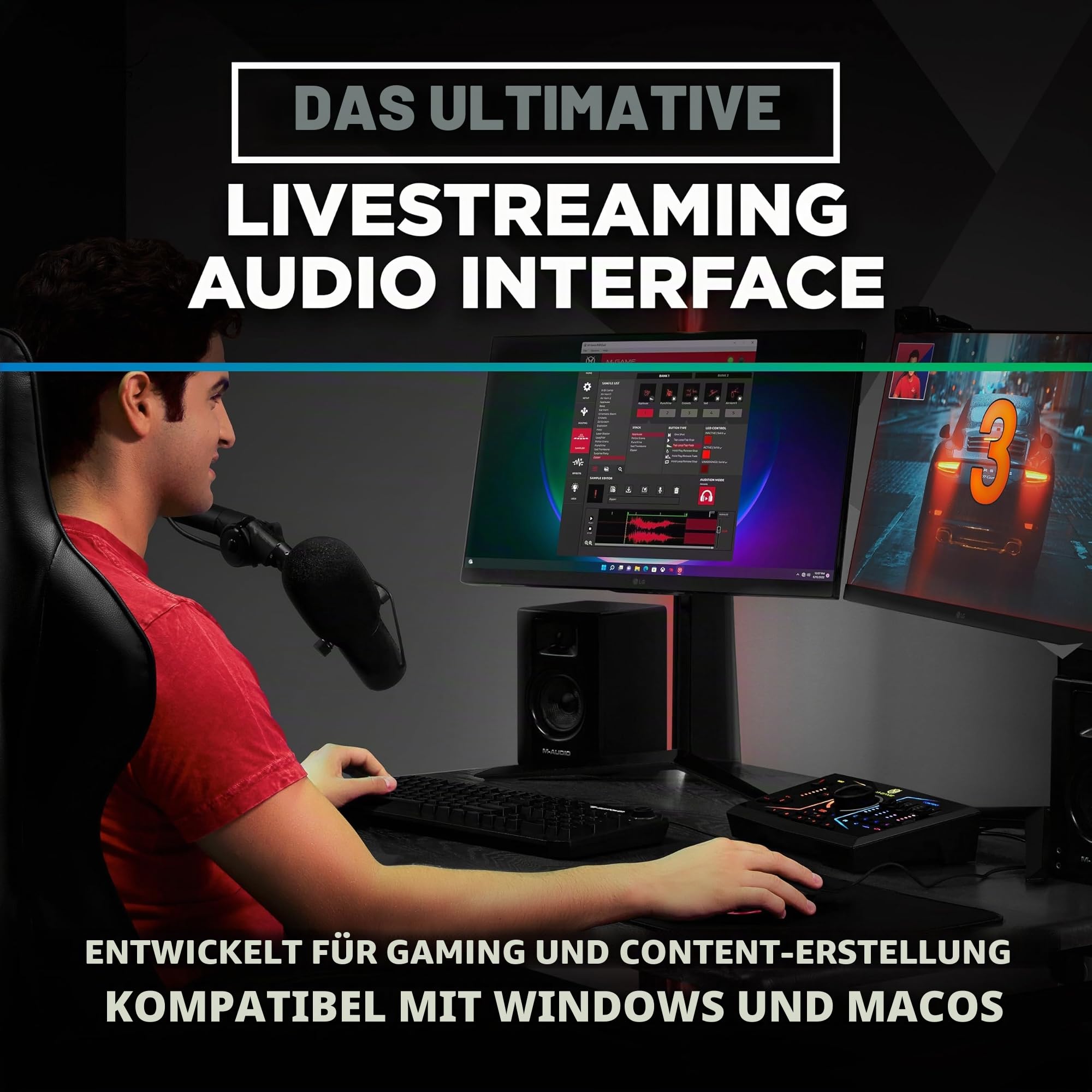 M-GAME RGB DUAL USB Audio Interface Mischpult für Streaming und Gaming mit XLR-Mikrofoneingang, optischem Eingang, Voice FX, RGB-Lichtern & Software