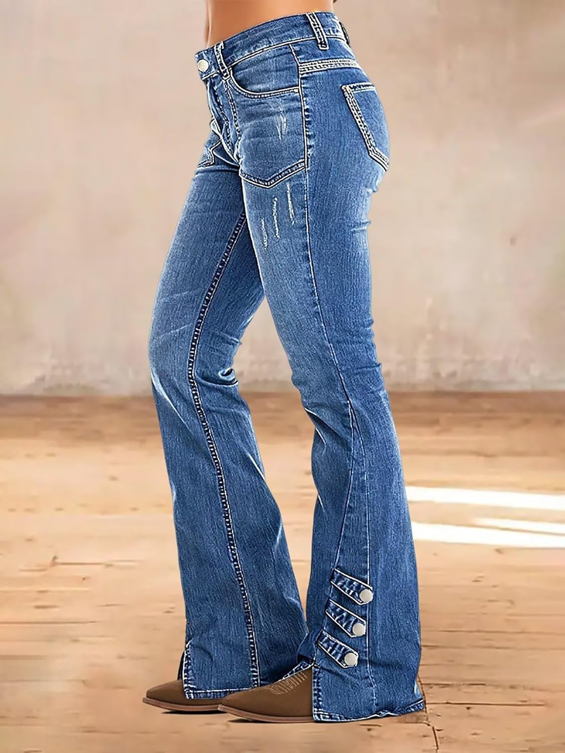Flamingals Women's Bootcut Jeans Low Waist Vintage Casual Ripped Button Split Hem Stretchy Boot Cut Flare Denim Jeans - Image 2