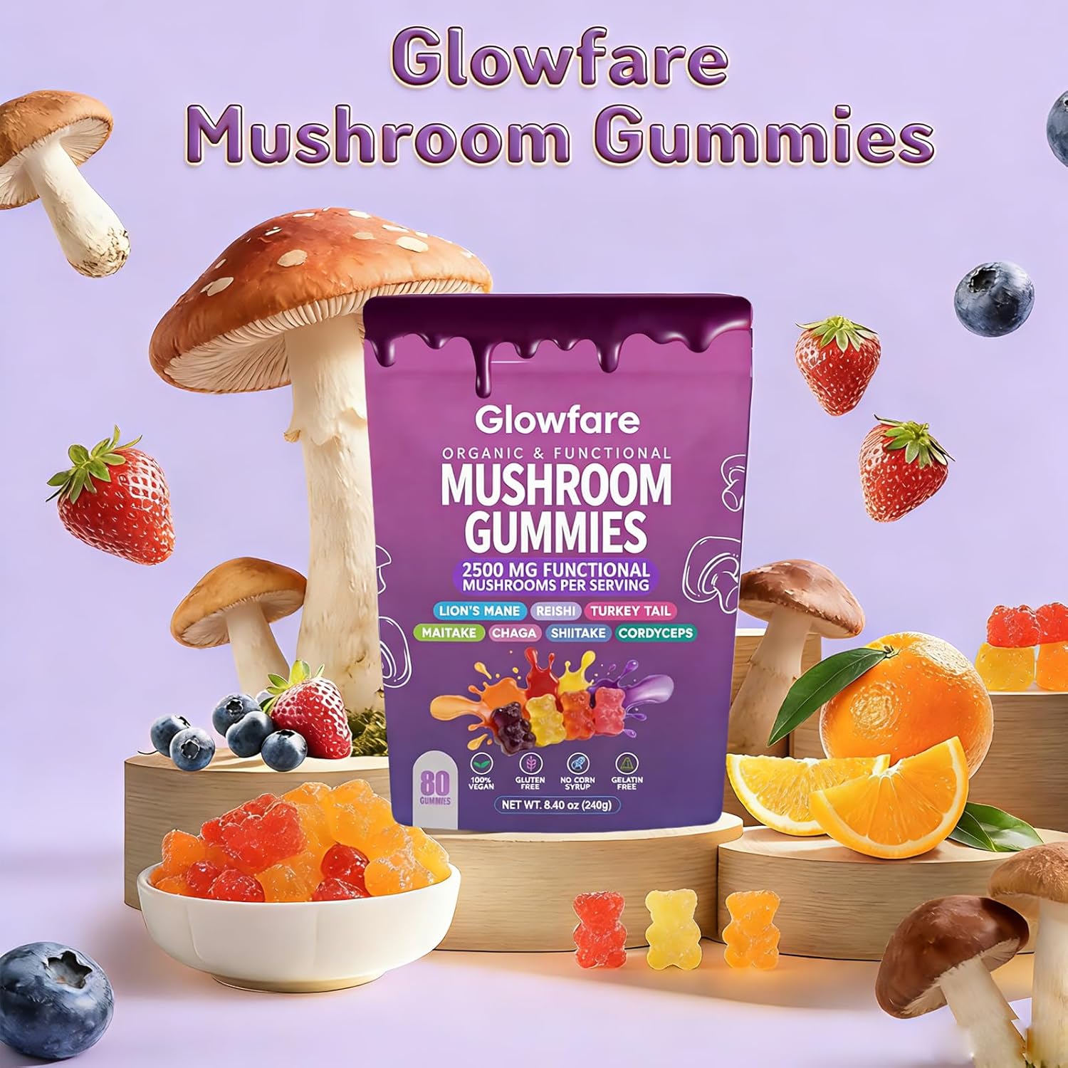 Mushroom Gummies, Organic & Functional Mushroom Gummies, Glow Fare Mushroom Gummies, Supplement for ImmuneDefense, Immune, Boosts Cognitive Performance and Energy, 80 Gummies (1PCS) - Image 2
