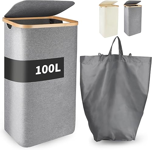 SuperOrganize Cesta para ropa, asas de bambú de 100 litros y bolsa interior extraíble, canasta grande para la ropa sucia, cesta de lavandería
