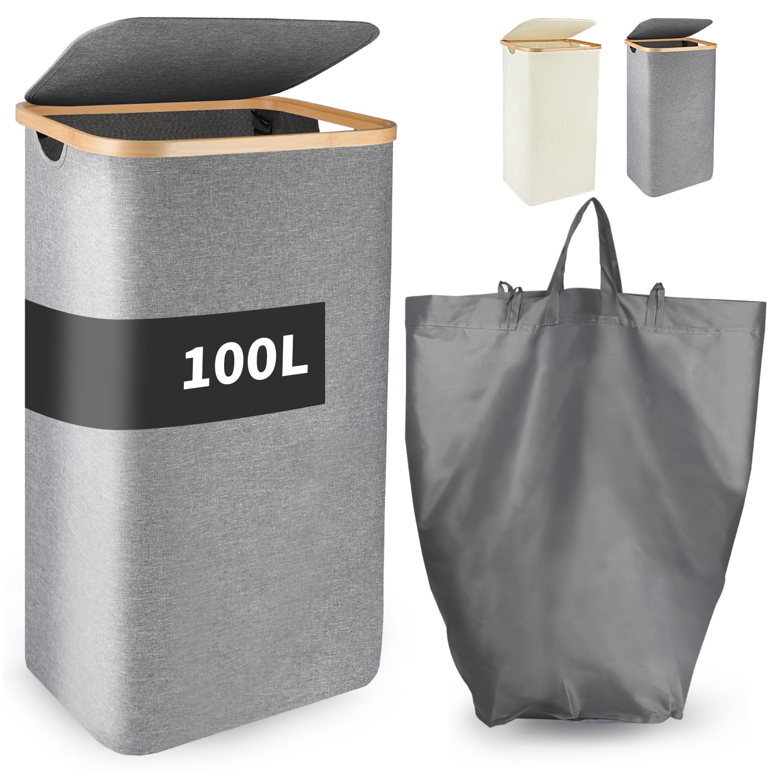 SuperOrganize 100L Laundry Hamper with Lid, Large laundry Baskets Organizer with Bamboo Handles and Removable Inner Bag, Dirty Clothes Hamper for Bedroom, Closet, Bathroom - Grey