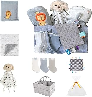 CREVENT Gift Set for Newborns -Diaper Caddy Organizer Basket with 2 Blankets, 1 Taggie, 1 Lovey, 3 Socks，1 Gift Bag with Ribbon - Welcome Essential Baby Shower (Neutral