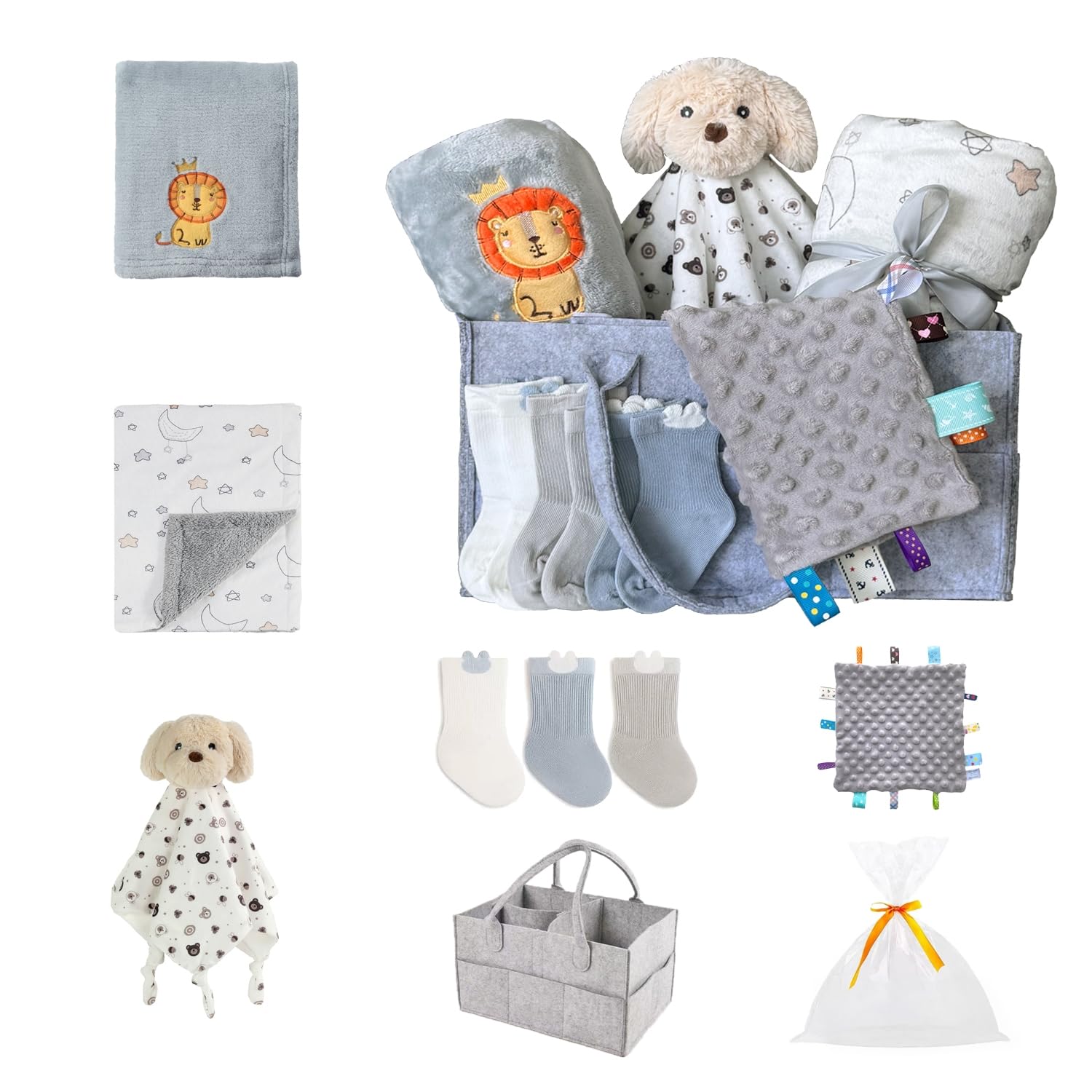 CREVENTGift Set for Newborns -Diaper Caddy Organizer Basket with 2 Blankets, 1 Taggie, 1 Lovey, 3 Socks，1 Gift Bag with Ribbon - Welcome Essential Baby Shower (Neutral