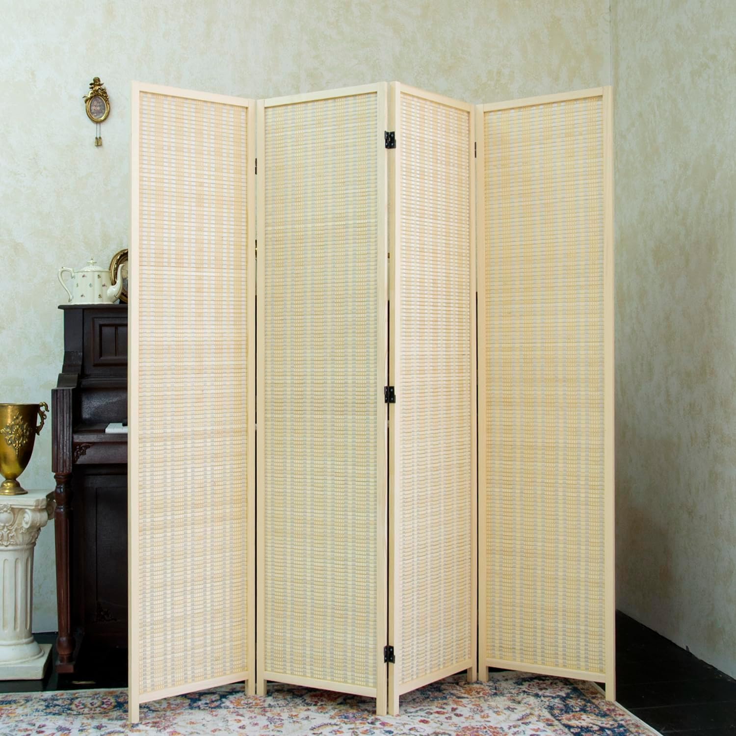 Furnnylane 4 Panel Bamboo Room Divider - 5.6 ft Tall Folding Privacy Screen, Natural Beige Freestanding Partition Wall for Home Office & Room Separation (67" H x 61.4" W)