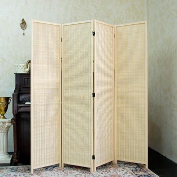 Furnnylane 4 Panel Bamboo Room Divider and Folding Panel Screen,Bamboo Panel Divider for Room Separation,Beige,170 cm H x 156 cm W