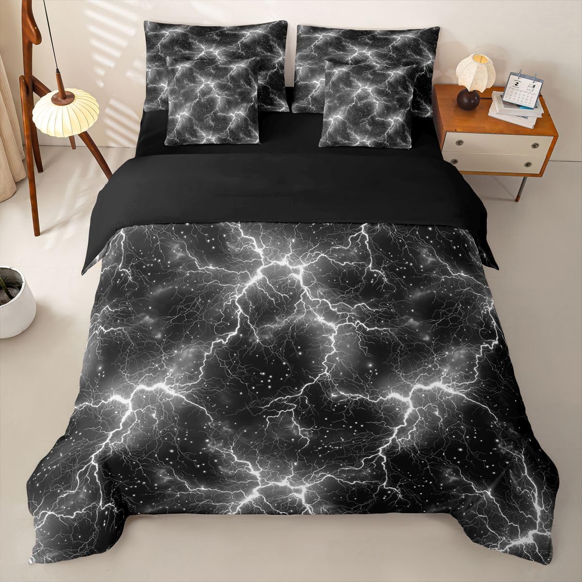 Homewish Schwarz Grau Blitz Bettwäsche 220x240 Set 7teilig