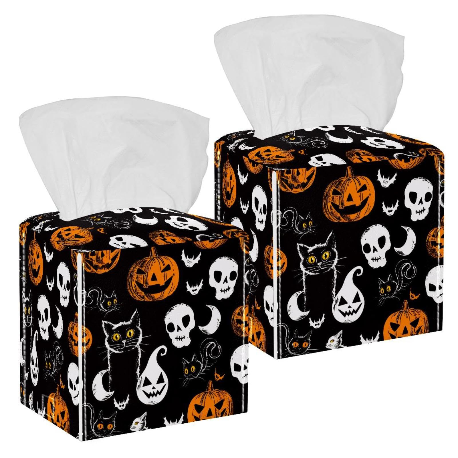 Halloween Pumpkin Skull Tissue Box Cover, 2 Pack PU Leather Square Facial Tissue Dispenser Box holder for Home Office Car