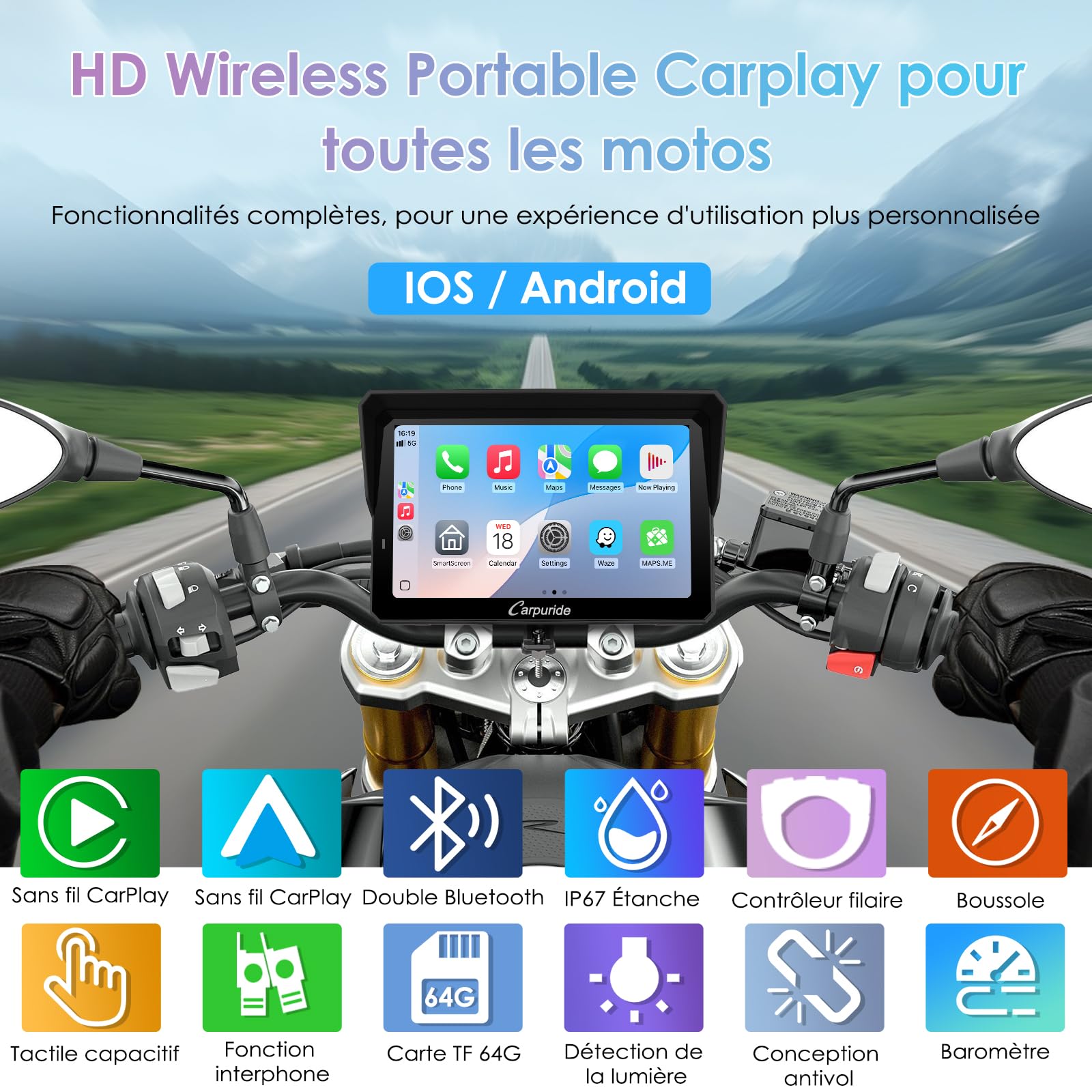 CARPURIDE W702S Pro Moto Carplay Écran avec BM05 pour Plug-and-Play | Sans Fil CarPlay et Android Auto, 7" Étanche Tactile Écran, Double Bluetooth, Filaire Contrôleur, Navigation, Boussole.
