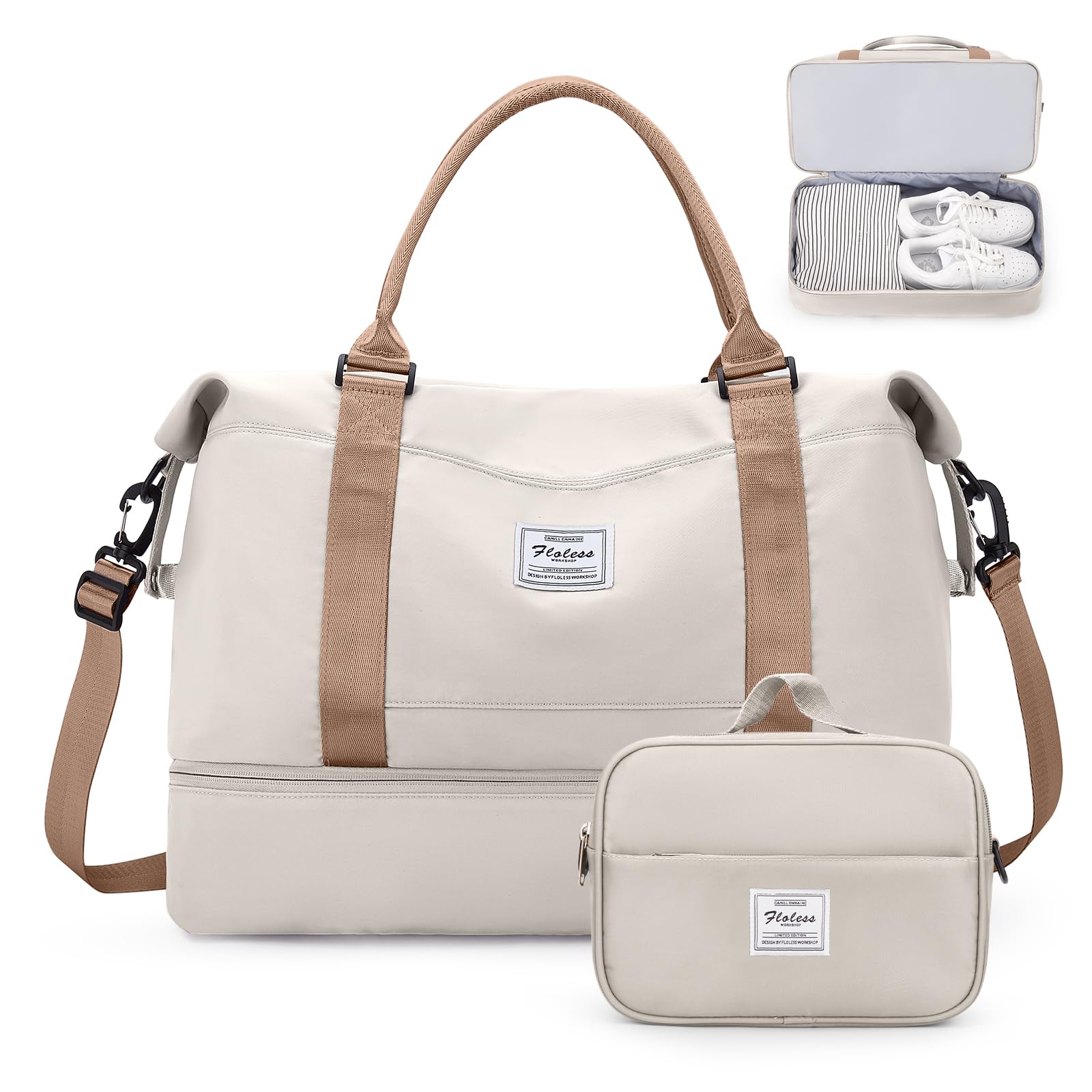 Weekender Bags for Women,Overnight Travel Duffel Bag with Shoes Compartment& Toiletry Bag,Extra Large(Beige & Brown)