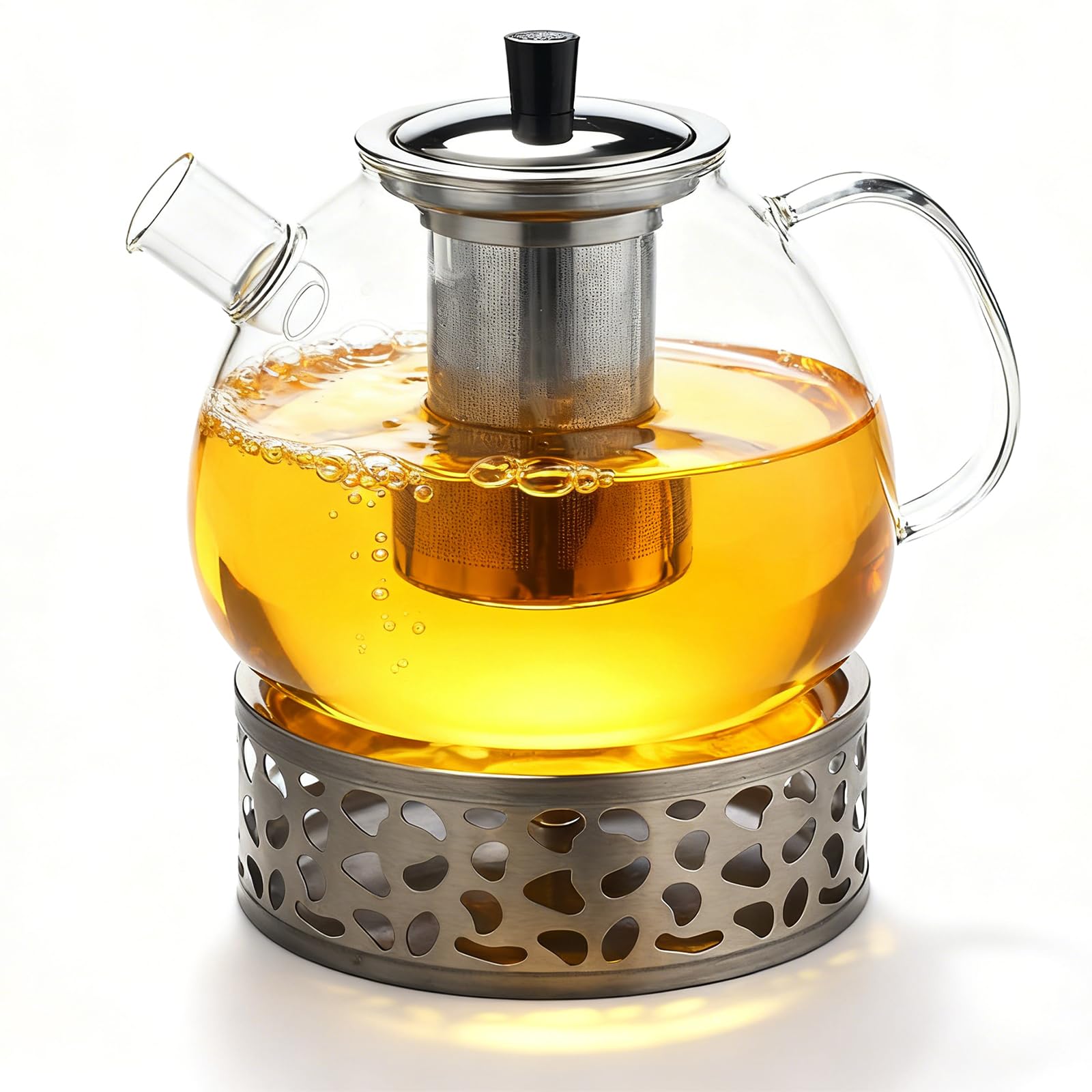 Teiera in vetro borosilicato da 1500 ml, con colino, fornello e coperchio, lavabile in lavastoviglie, per tè sfuso, tè alla frutta, mantiene caldo a lungo (1,5 l, lavabile in lavastoviglie)