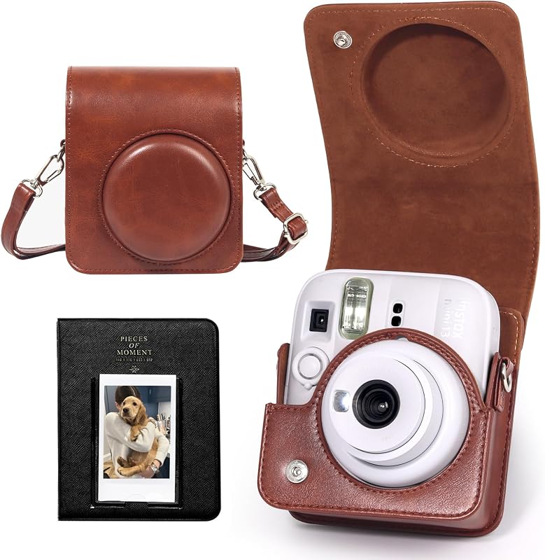 Estuche para cámara instantánea Fujifilm Instax Mini 13, Marrón | Funda protectora para cámara Mini 13, funda Mini 13, bolso de cuero PU, con álbum de fotos de 64 2x3, correa ajustable, sin cámara