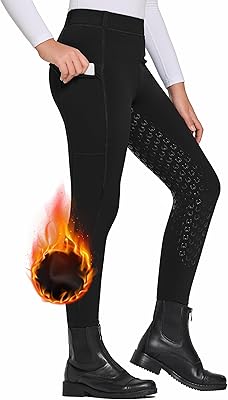 FitsT4 Sports Girls Winter Riding Pants Fleece Lined Riding Breeches Kids Full Seat Equestrian Pants Tights with Pockets