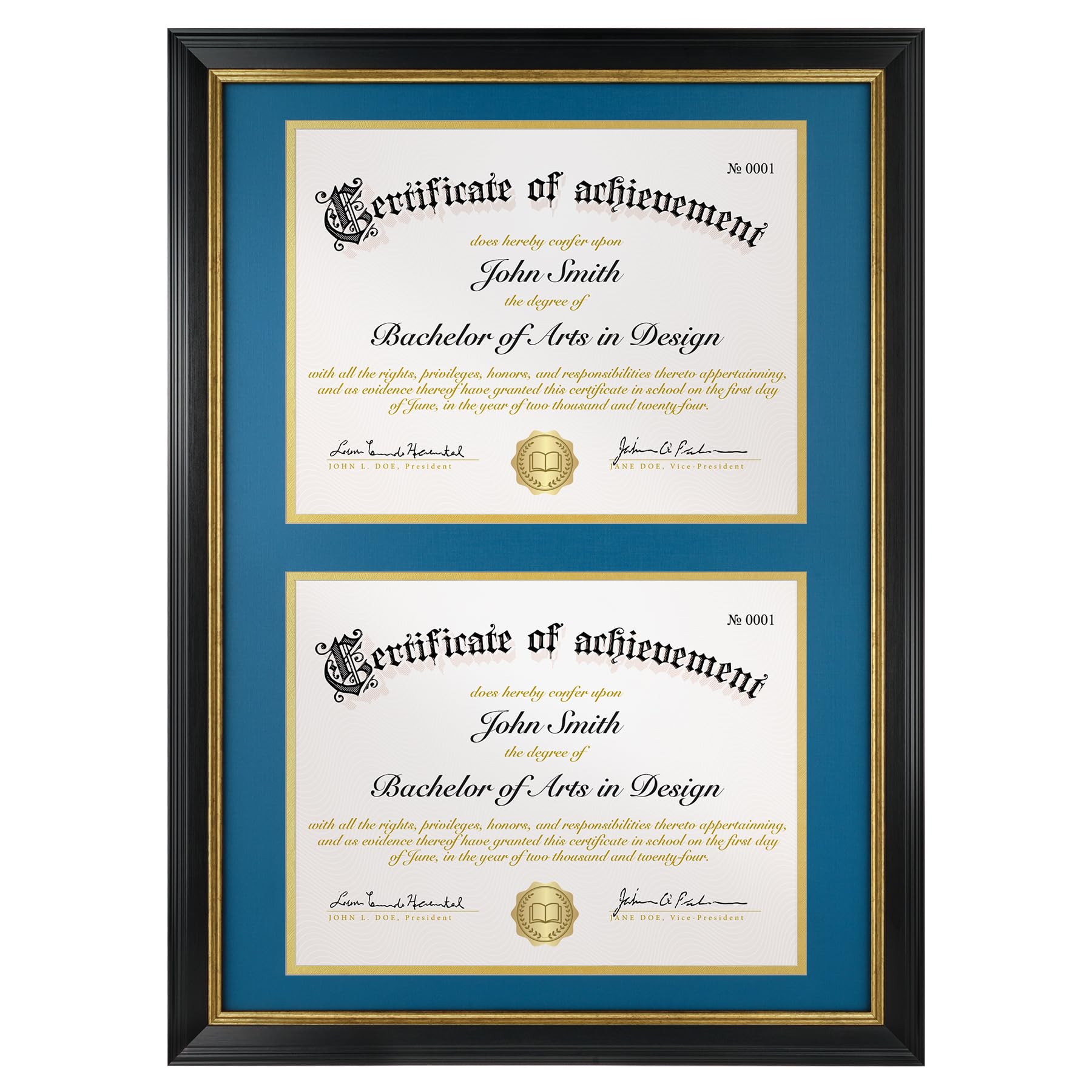 Double Diploma Frame 14x20, Display Two 8.5x11 Degree, Certificates, Documents, Tempered Glass with Acid-Free Blue over Gold Mat, Dual Diploma Frame for Graduation, Black with Gold Trim