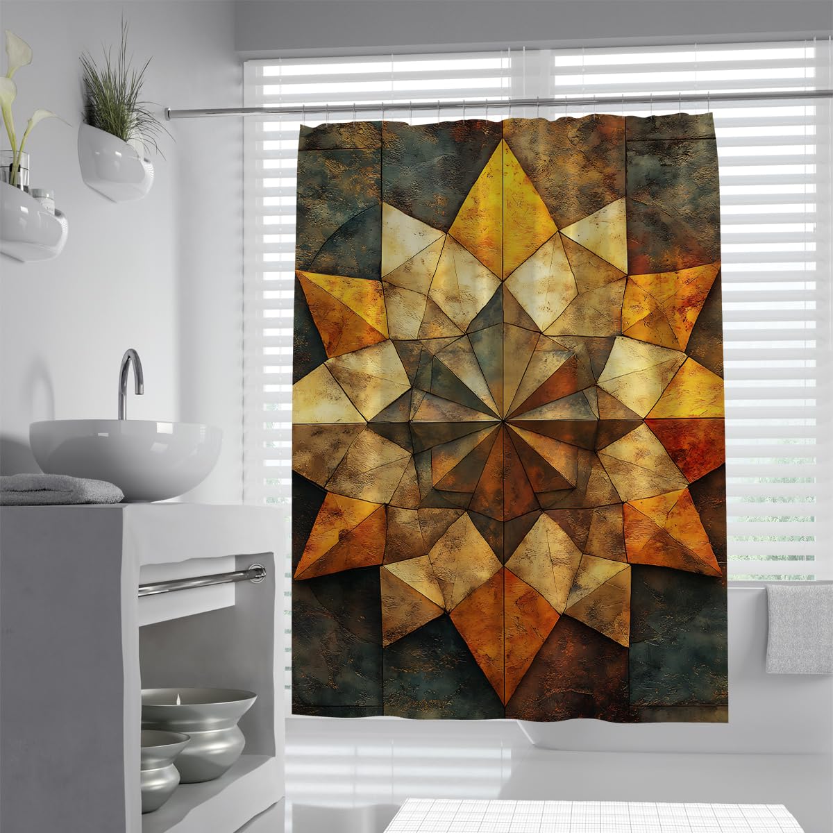 UIRINGART Vintage Star Geometric Shower Curtain W120xL180cm Rustic Textured Mandala Gold Brown Polyester Mildew Resistant Washable Home Hotel Bathroom Screen With Hook