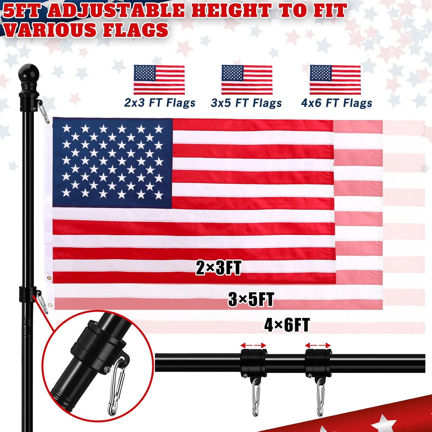 Remagr USA Flag Poles for Outside House Flag Pole Kit 5 ft Black Wingding Free Metal Flag Pole Kit with 3x5 Embroidered USA Flag for Residential Commercial Outdoors Garden Boat Truck