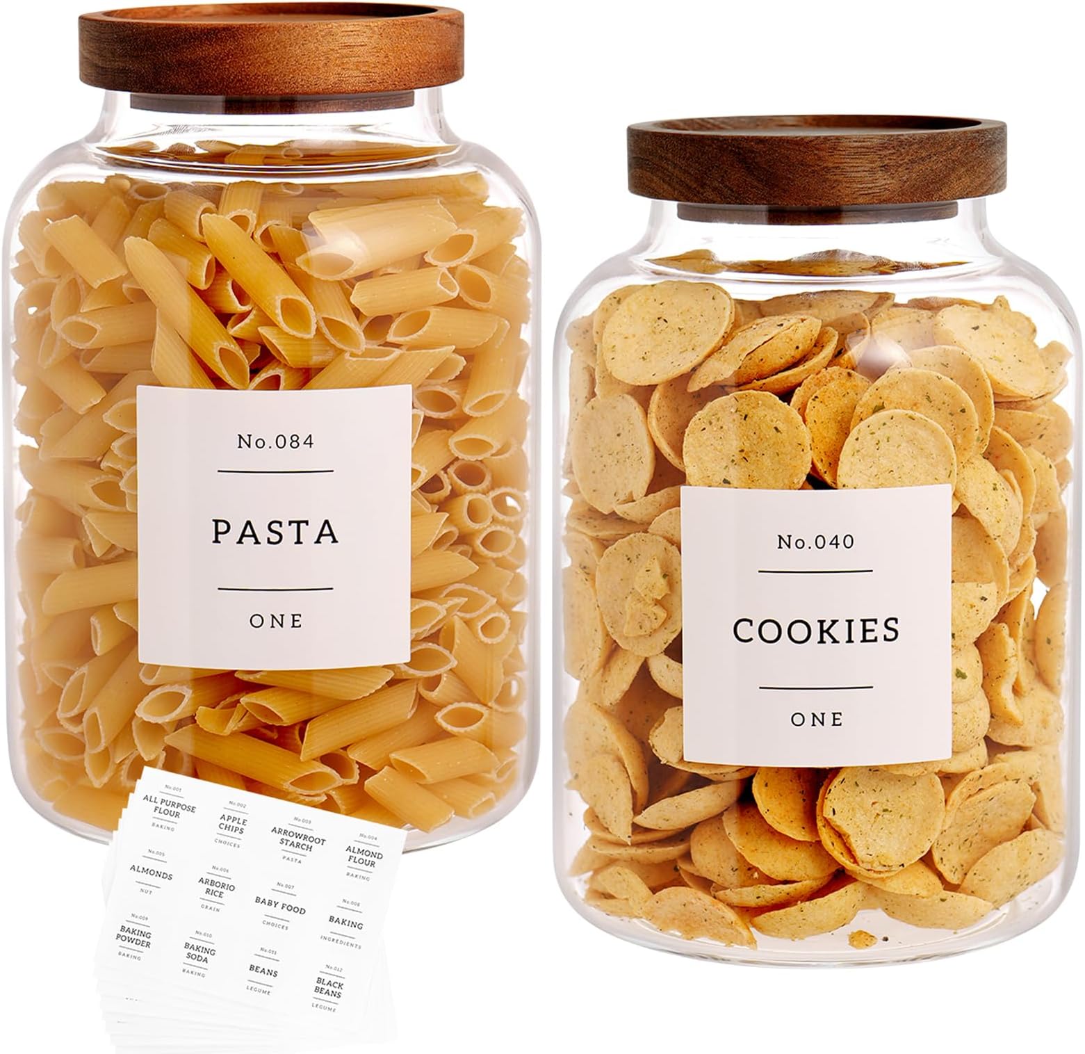 CZHQSMZ Set Of 2 Large Glass Jar with Wooden Lid with 132 Labels, Glass Storage Jars for Flour Pasta Candy Coffee Cookie and More(70 FL OZ/2000 ml)