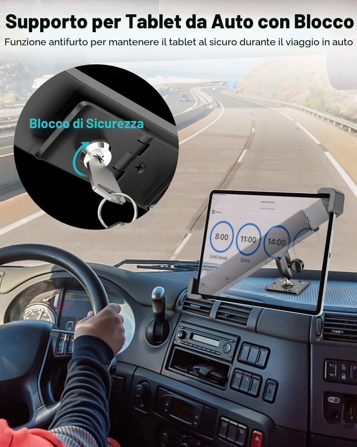 Supporto Tablet Auto Antifurto, Regolabile a 360° Porta Tablet Antifurto per Cruscotto Auto/Muro/Scrivania, realizzato in Metallo Robusto, Supporto Tablet di Sicurezza per 7-11" iPad, Galaxy