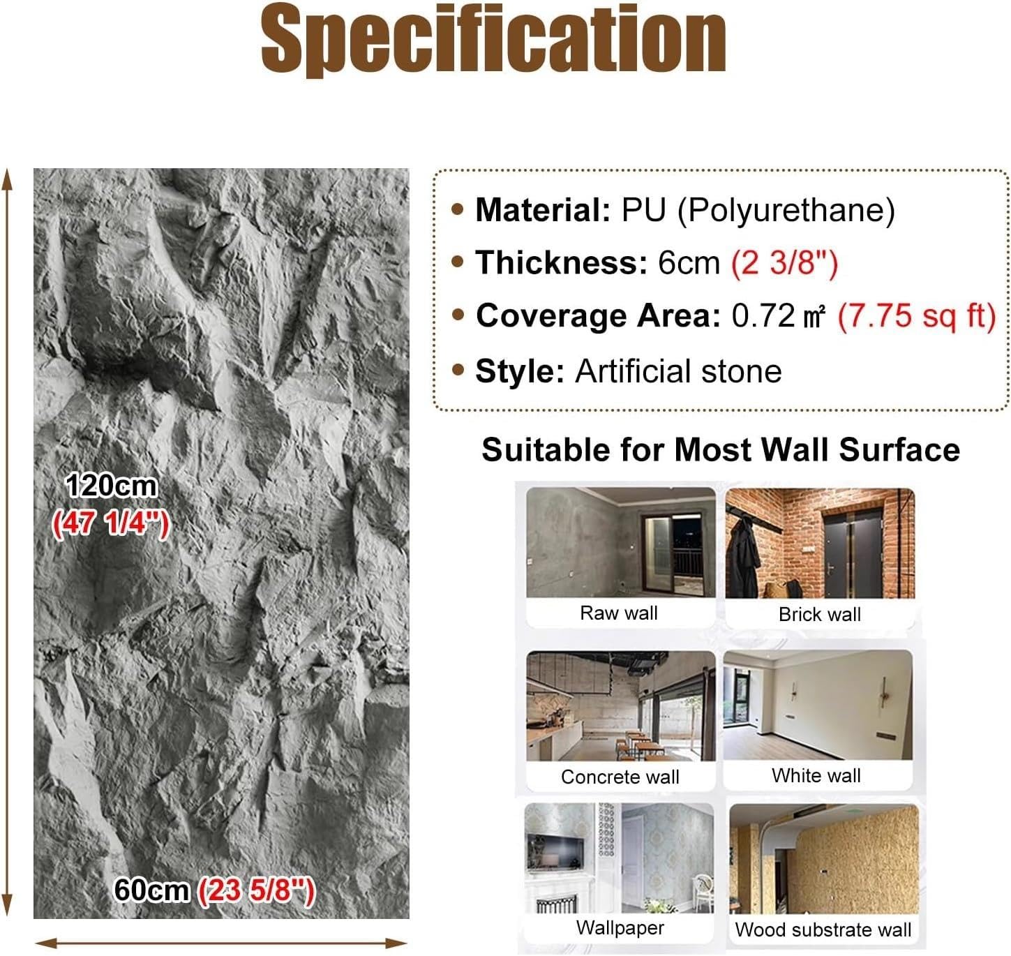 120X60cm PU Pannelli da Parete in Finta Pietra 3D Fai da Te | Copertura Decorativa per Progetti di Pareti Spesse 6cm 1/2/4/6/8 Pezzi per Interni & Esterni(B,4pcs)