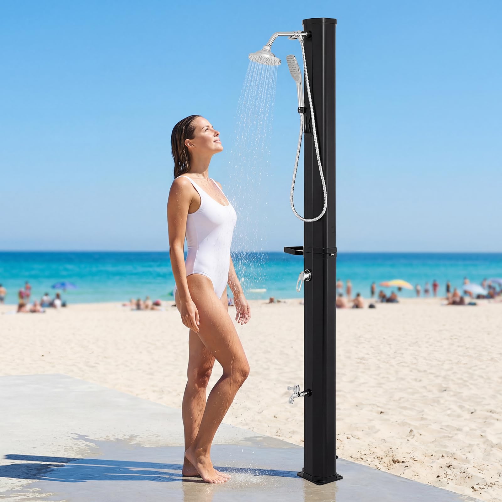COSTWAY Solardusche 35L mit Handbrause inkl. Abdeckung | Gartendusche mit Ablage, Regenduschkopf und Wasserhahn | warmes Wasser | max. 60°C | ohne Stromanschluss | Pooldusche Camping | Schwarz