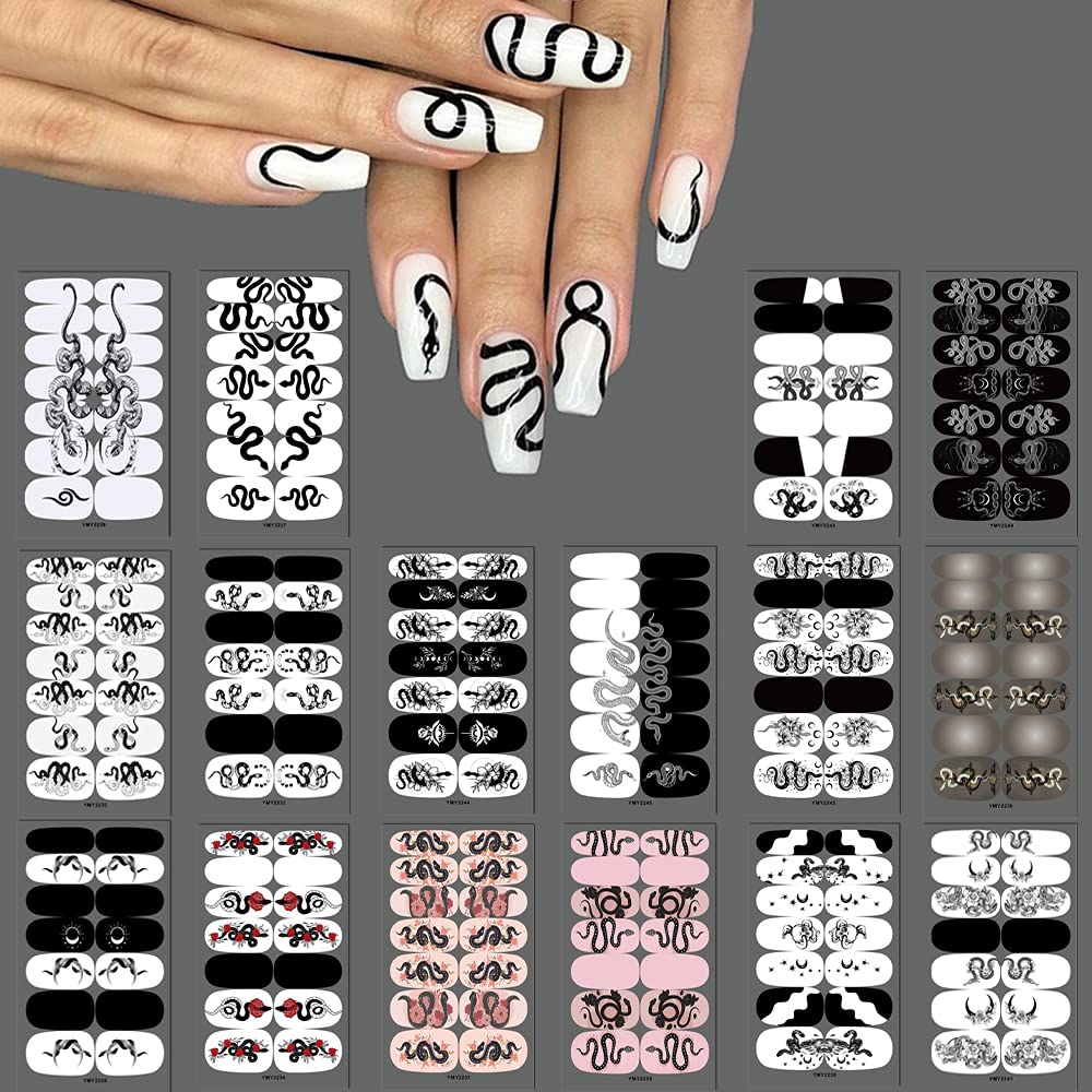 16 Sheets Snake Nail Stickers Full Wraps Snake Rose Pattern Nail Art Polish Stickers Decals Color Street Nail Strips Self-Adhesive Nail Design DIY Decoration for Women Girls