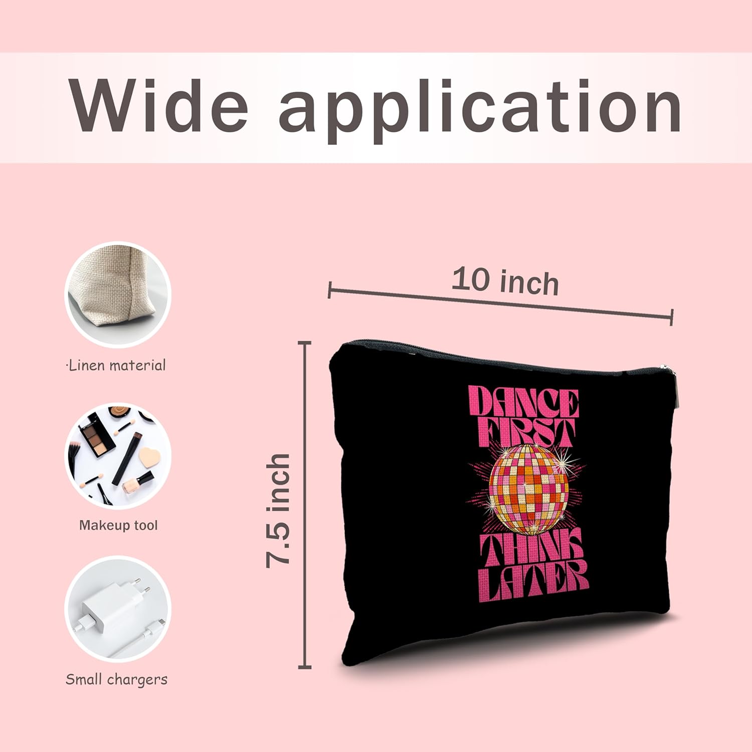 Nogrit Dancer Makeup Bag,Dance First Think Later Trendy Hot Pink Disco Ball Inspirational Makeup Travel Toiletry Bag,Dancing Gifts for Women,Gifts for Dance Lovers - Image 5