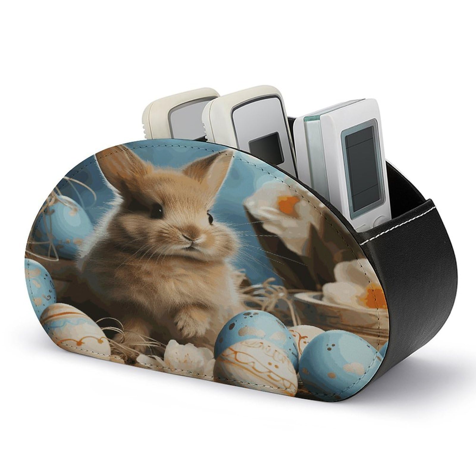FekiLoot Cute Easter Eggs Rabbit Remote Control Holder with 5 Compartments Multi-functional TV Remote Caddy Organizer Leather TV Remote Holder Desktop Organizer Store for Bedside Table Office Desk